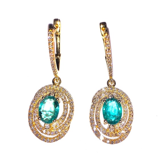 BEAUTIFUL 18K NATURAL EMERALD DIAMOND 18KT YELLOW GOLD HOOP DANGLE EARRINGS - Picture 3 of 4